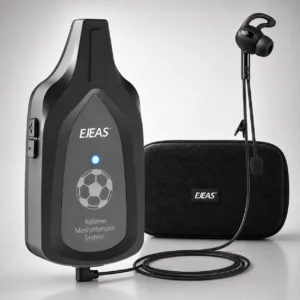 Intercomunicador EJEAS F6 con auricular, micrófono y estuche de transporte.